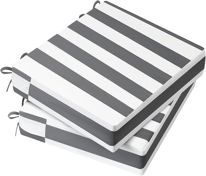 AAAAAcessories Outdoor Seat Cushions for Chairs, Waterproof, Fade-Resistant Patio Furniture Replacement Cushions, 18.5" x 16" x 3", Set of 2, Gray Cabana Stripe