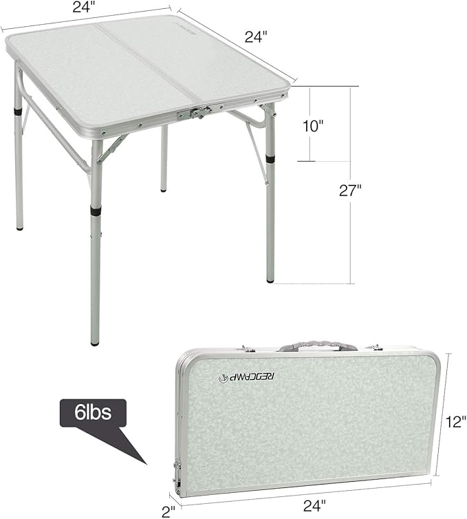REDCAMP Small Square Folding Table 2 Feet, Portable Aluminum Camping Table Adjustable Height Lightweight for Picnic Beach Outdoor Indoor, White 24 x 24 inch