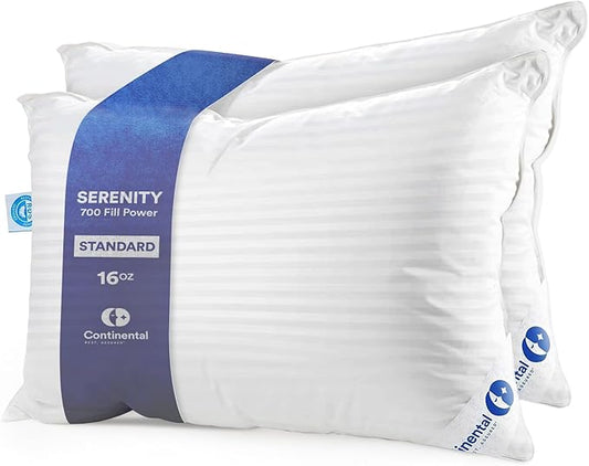 Continental Bedding | Serenity Goose Down Pillow | 700 Fill Power Hungarian White Down | 400TC Cotton Damask Shell | Made in USA | Soft, Standard (Pack of 2), 2 Count