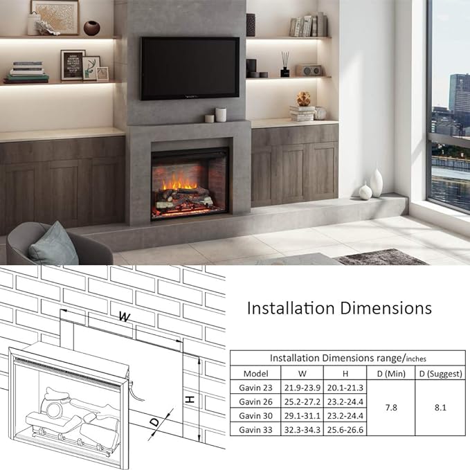 RICHFLAME Gavin 33 Inches Electric Fireplace Insert with Log Speaker, Designed for Stud, Wood Burning Opening, Cabinet & Wood Mantel, Remote Control, 750/1500W, Black