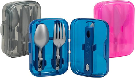 Cool Gear 3-Pack Travel Reusable Utensil Set with Slider Carry Case | Portable Knife, Fork, Spoon Silverware, Eco-Friendly Cutlery for Camping, Picnics, Kids & Adults - Gray, Pink, & Blue
