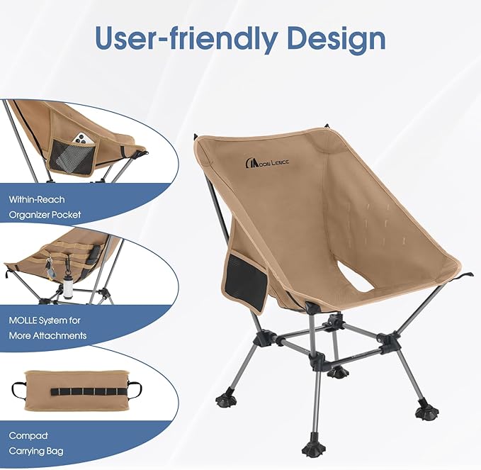 MOON LENCE Camping Chair Plus, Upgraded Comfort & Size, Still Compact and Lightweight, Folding Portable Chair for Backpacking & Hiking, 400Lbs Capacity, Gen 3 Plus (Khaki with Groundgrip Feet (Plus))