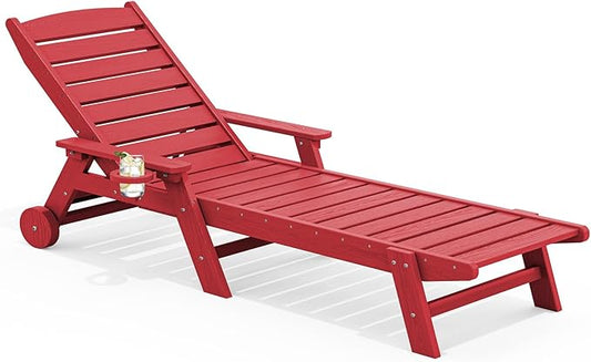 SERWALL Patio Chaise Lounge Chair, 78'' Long HDPE Outdoor Lounge Chair 5 Positions Adjustable Outdoor Lounger, Poly Lounge Chair with Rolling Wheels & Cup Holder for Pool, Bright Red