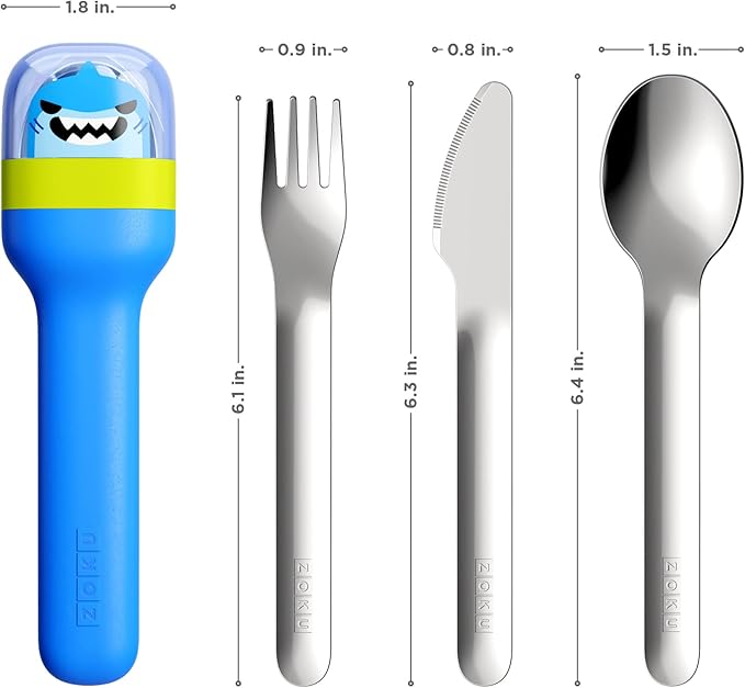 ZOKU Kids Pocket Utensil Set, Shark - Stainless Steel Fork, Knife, and Spoon in Case - Portable Design for Travel, School, Picnics, Camping and Outdoor Home Use