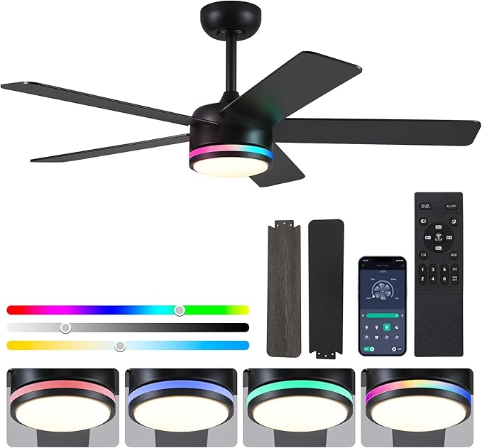 RGB Black Ceiling Fans with Lights - 46in Modern Low Profile Ceiling Fan with Lights and Remote Control, 5 Dual-Sided Blades, Reversible DC Motor, Ceiling Fan for Indoor and Outdoor