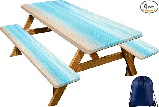 CAPSCEOLL Fitted Picnic Table Cover with Bench Covers with Elastic 6Ft Waterproof Camping Picnic Table Cover Cloths for Outdoors Camping Tablecloth with Drawstring Bag, 72X30in, Summer Beach