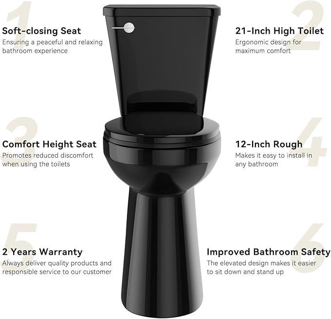 Simple Project Tall Toilet for Seniors 21 inch Extra High Toilets, Comfort Bowl Heigh 21", Seat Height 22", Two-Piece Toilet 1.28GPF Powerful, 12 Inch Rough-in, Black Color, Ada Toilets for Bathroom