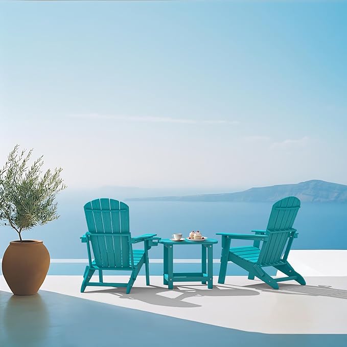 Folding Adirondack Chair Set of 2 with Cup Holder,Heavy All-Weather,Wooden Textured,HDPE Outdoor Chairs, Patio Backyard Fire Pit, Light Blue