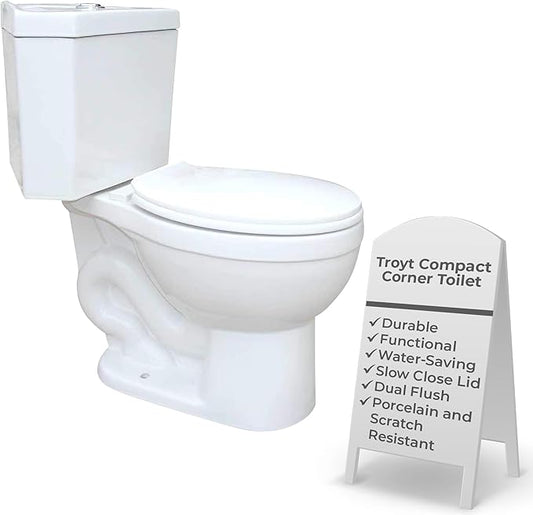 Renovators Supply Troyt Compact Corner Bathroom Toilet, 2-Piece Round - 0.8/1.6 GPF High Low Top Tank Button Flush WaterSense - ADA Heavy Duty Porcelain