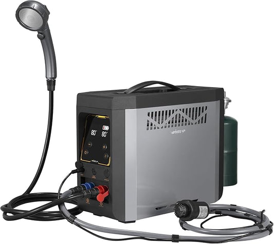 Portable Propane Water Heater for Camping Shower, Built-in 4000mAh Rechargeable Battery with Thermostatic Control and Overheating Protection, Tankless Water Heater for Outdoor Shower with Pump