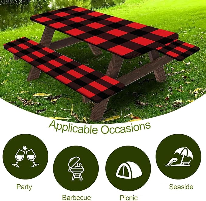 CAPSCEOLL Fitted Picnic Table Cover with Bench Covers with Elastic 6Ft Waterproof Camping Picnic Table Cover Cloths for Outdoors Camping Tablecloth with Drawstring Bag, 72X30in, Black Red