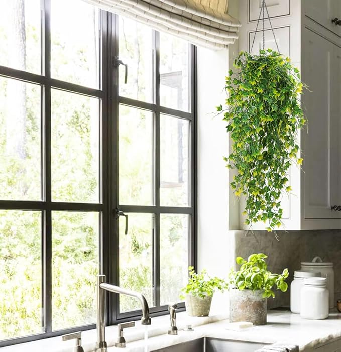 RECUTMS Artificial Plant Fake Plants Artificial Hanging Plants Faux Ivy Plant with Yellow Leaf Fake Hanging Plant Indoor Decoration House Party Garden Room Wall Decor（Yellow）