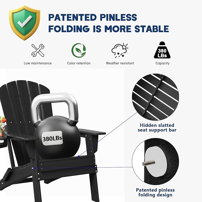 Folding Adirondack Chair, SGS Tested, Wooden Textured with Cup Holder, Heavy All-Weather HDPE Comfortable Set Poolside Backyard Lawn Black