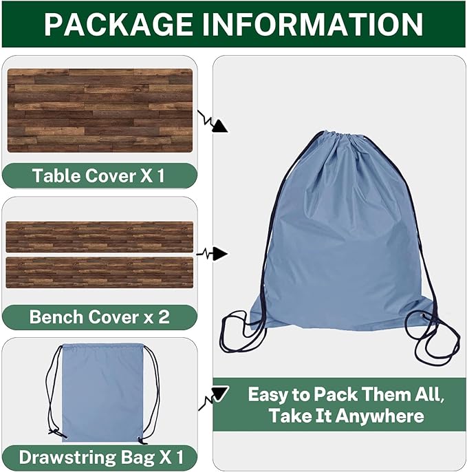 Picnic Table Cover with Bench Covers Elastic Edges, Brown Wood Fitted Table Cover, Outdoor Patio Camping Essentials 96 Inch 3PCS, Waterproof Camping Fitted Tablecloth with Drawstring Bag