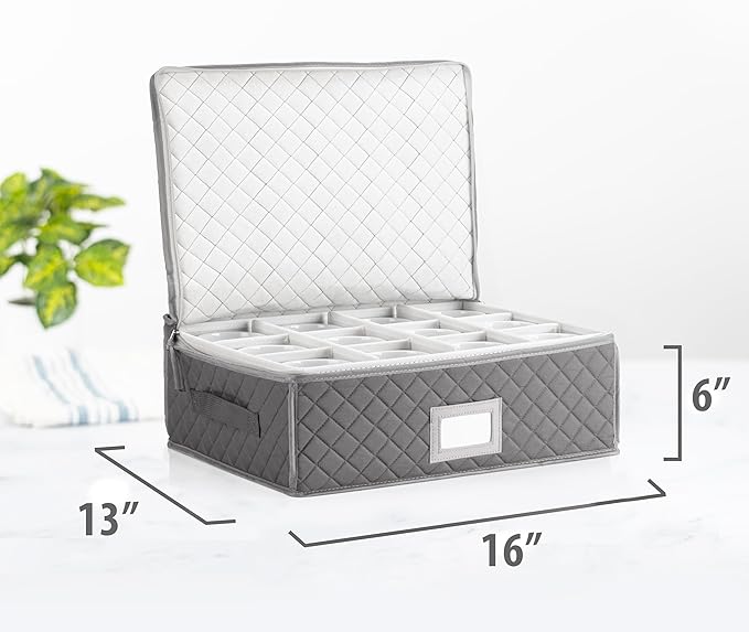 Stack Store Plus More China Cup Storage Chest - Quilted Fabric Container in Gray Measuring 16" x 13" x 6"H - Perfect Storage Case for Coffee Mugs - Tea Cups - Mason Jars - Glassware