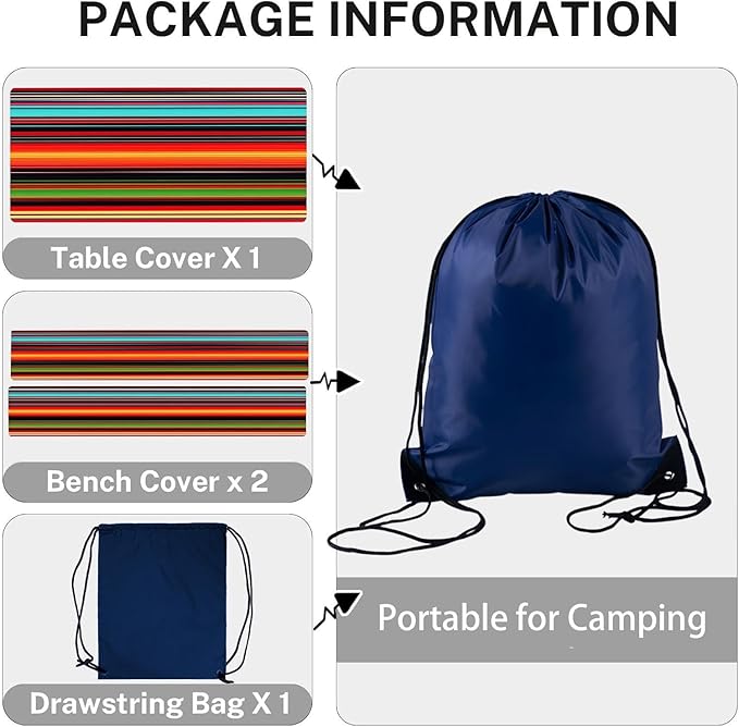 CAPSCEOLL Elastic Picnic Table Cover with Bench Covers 5Ft Waterproof Fitted Picnic Table Cover Cloths for Outdoors Camping Tablecloth with Drawstring Bag, 60X30in, Colorful Stripes