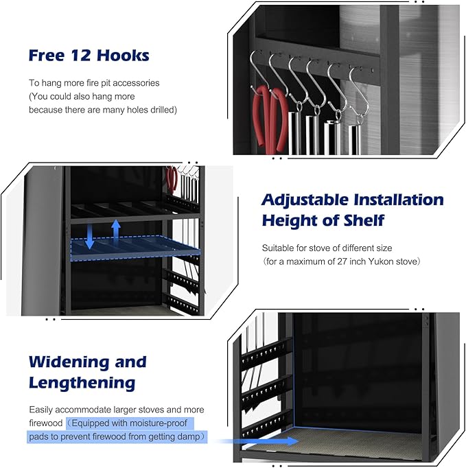 Storage Station for Solo Stove Bonfire, Yukon, Ranger, Firewood Rack Outdoor with Cover, Storage Rack for Fire Pit Accessories, with Waterproof Cover, Adjustable Shelf, Iron Black
