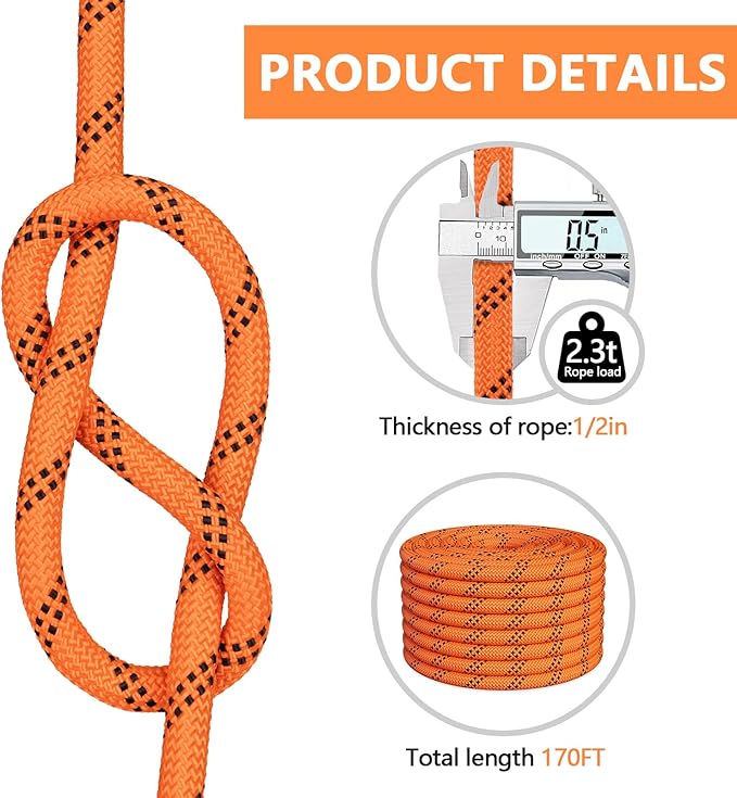 X XBEN Braided Polyester Arborist Rope 1/2 inch X 170ft, 48 Strands, 12 Inner core,5174 LBS Breaking Strength Outdoor Rope, Arborist Rigging Rope for Rock Hiking Camping Swing Tree Rescue,Orange