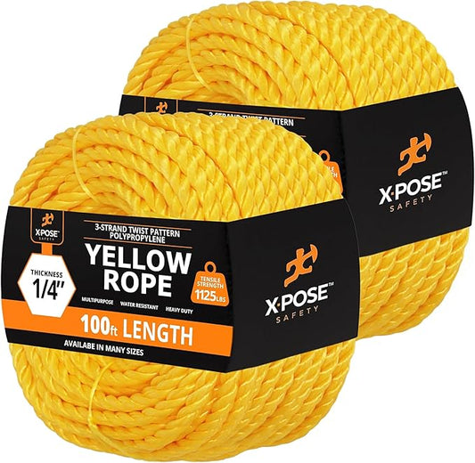Yellow Twisted Polypropylene Rope, 1/4" Thickness x 100' Length Heavy Duty Poly Ropes for Outdoor and Marine Use, Yellow Rope for Visibility & Safety