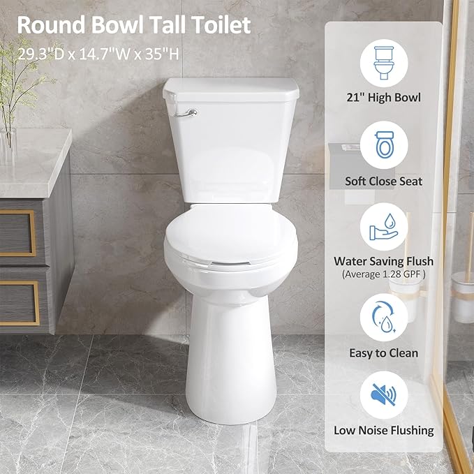 Simple Project Tall Toilets for Seniors 21 inch Extra High Toilets, Comfort Bowl Heigh 21", Seat Height 22", Two-Piece Toilet 1.28GPF Powerful, 12 Inch Rough-in, White Color, for Bathroom