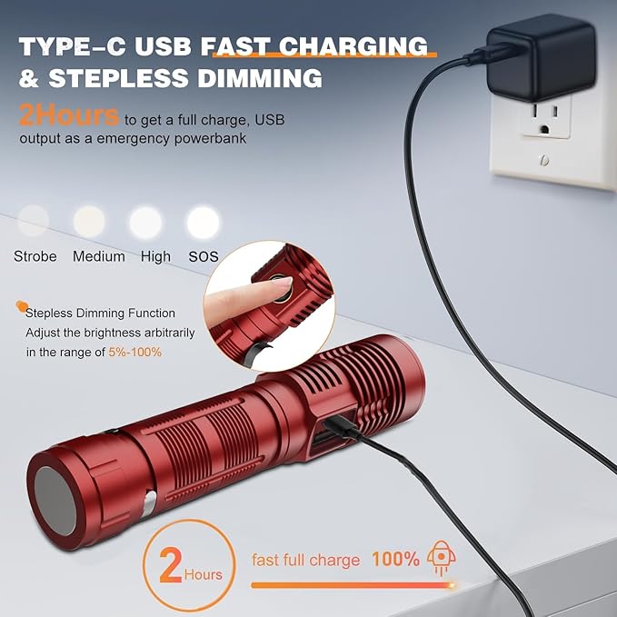 Small Tactical Flashlights High Lumens - 1500 Meters Long Beam Super Bright LED Magnetic Flashlight USB Rechargeable Zoomable 5Modes Long Beam Spotlight Flashlight for Hiking, Camping-Red