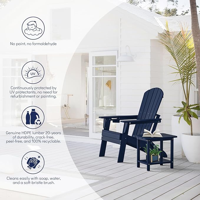 Folding Adirondack Chair, SGS Tested, Wooden Textured with Cup Holder, Heavy All-Weather HDPE Comfortable Set Poolside Backyard Lawn Navy Blue