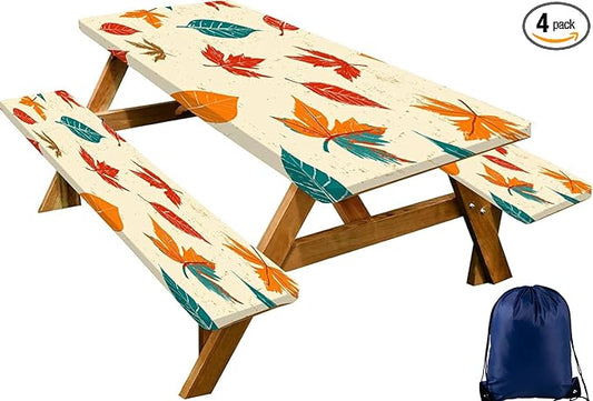 CAPSCEOLL Fitted Picnic Table Cover with Bench Covers with Elastic 6Ft Waterproof Camping Picnic Table Cover Cloths for Outdoors Camping Tablecloth with Drawstring Bag, 72X30in, Maple Leaf