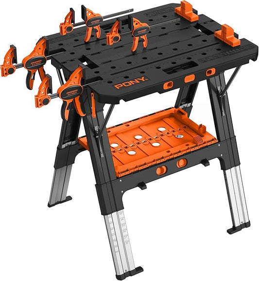 Pony Portable Folding Work Table, 2-in-1 as Sawhorse & Workbench, 31” W×25” D×25”-35”H, Large Load Capacity with 4pcs Clamps, 4pcs Bench Dogs