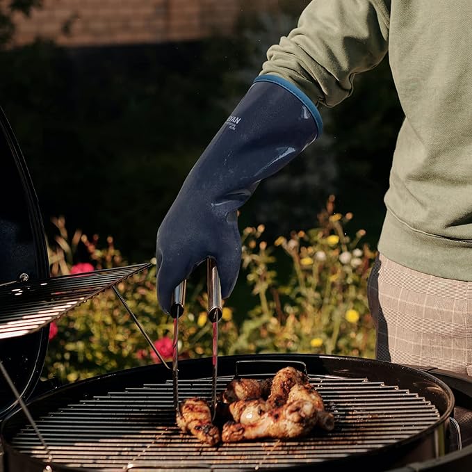 DEYAN Silicone BBQ Gloves, 932°F Heat Resistant Oven Gloves with Fingers, Kitchen Waterproof Hot Proof Glove for Fryer, Smoker, Baking, Cooking, Cutting(8/M)