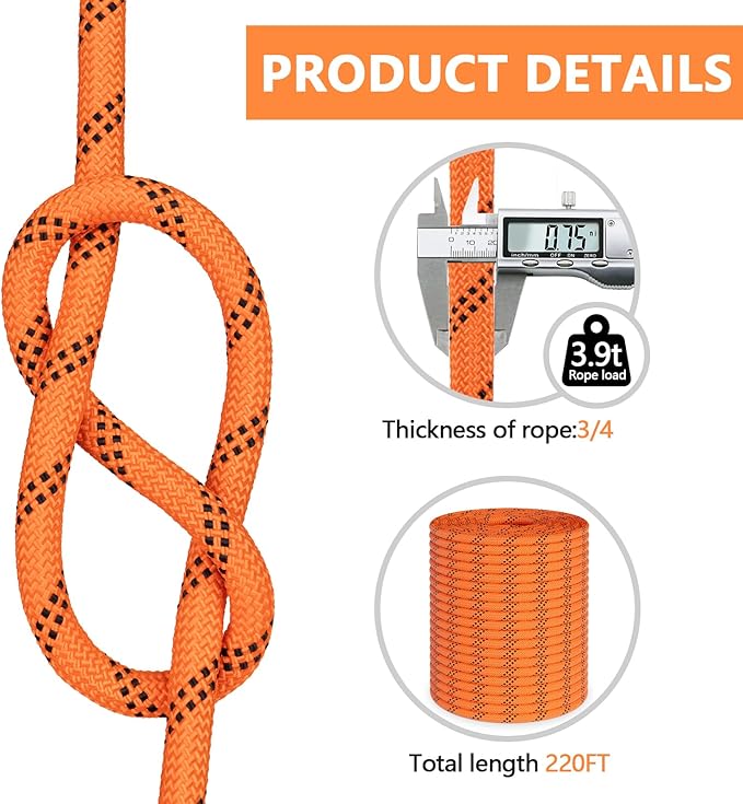 X XBEN Braided Polyester Arborist Rope 3/4 inch X 220ft, 48 Strands, 12 Inner core,8626 LBS Breaking Strength Outdoor Rope, Arborist Rigging Ropes for Rock Hiking Camping Swing Tree Rescue