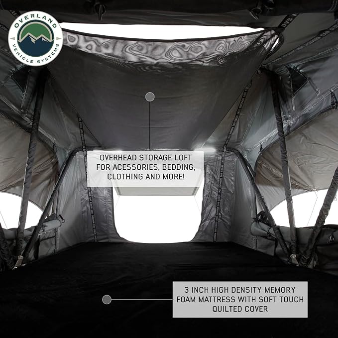 Overland Vehicle Systems HD Nomadic 4 Extended Soft Shell Roof Top Tent - Dark Gray Base with Green Rain Fly & Black 1000G PVC Travel Cover - Black Aluminum Base