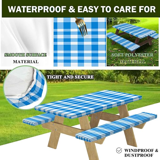 CAPSCEOLL Elastic Picnic Table Cover with Bench Covers 5Ft Waterproof Fitted Picnic Table Cover Cloths for Outdoors Camping Tablecloth with Drawstring Bag, 60X30in, Blue Checkered