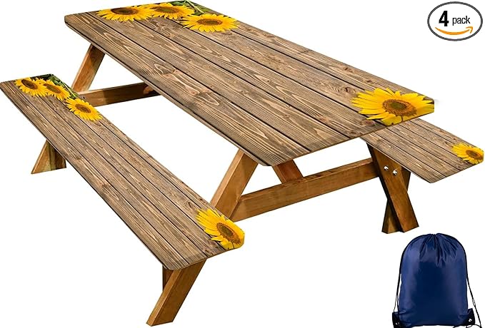 CAPSCEOLL Elastic Picnic Table Cover with Bench Covers 5Ft Waterproof Fitted Picnic Table Cover Cloths for Outdoors Camping Tablecloth with Drawstring Bag, 60X30in, Wooden Sunflowers