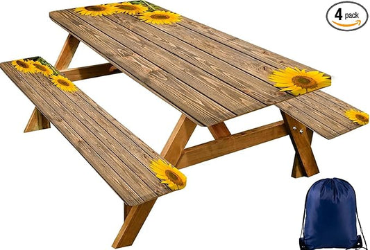 CAPSCEOLL Picnic Table Cover with Bench Covers 8Ft Waterproof Camping Tablecloth All-Weather Outdoor Table Protector with Drawstring Bag for Camping Essentials, 96X30In, Wooden Sunflowers