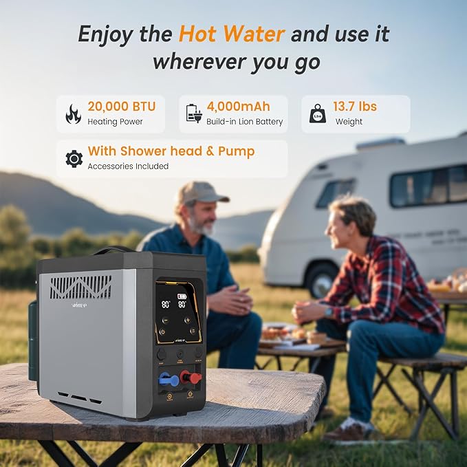 Portable Camping Shower with Constant Temperature Propane Water Heater, Built-in Rechargeable Battery and Multi-protection, Ideal for Outdoor Cleaning & Off-grid Instant Hot Water Needs