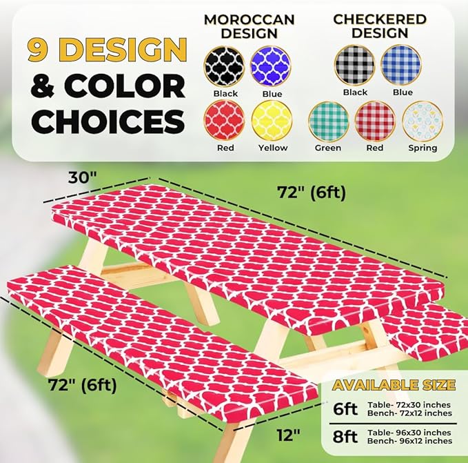 RNOONY Fitted Picnic Table Cover with Bench Covers and Bag, 6ft Outdoor Waterproof Windproof Picnic Tablecloth with Elastic Edges. Camping RV Gear Must Have 72x30 Inches 3 Pcs Set (Red Moroccan)