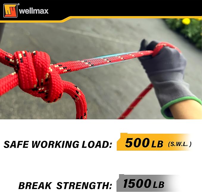 Wellmax Diamond Braid Nylon Rope, 3/8 in X 50 Foot, UV Resistant, High Strength and Weather Resistant - Red