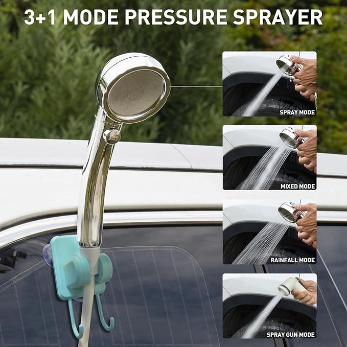 Portable Camping Shower, Pop Up Shower Privacy Tent Kit with LED Lights, 4500mAh Rechargeable Shower Pump, Filtered Shower Head & 7.4 Gallons Foldable Bucket, Outdoor Shower for Hiking Beach, Travel