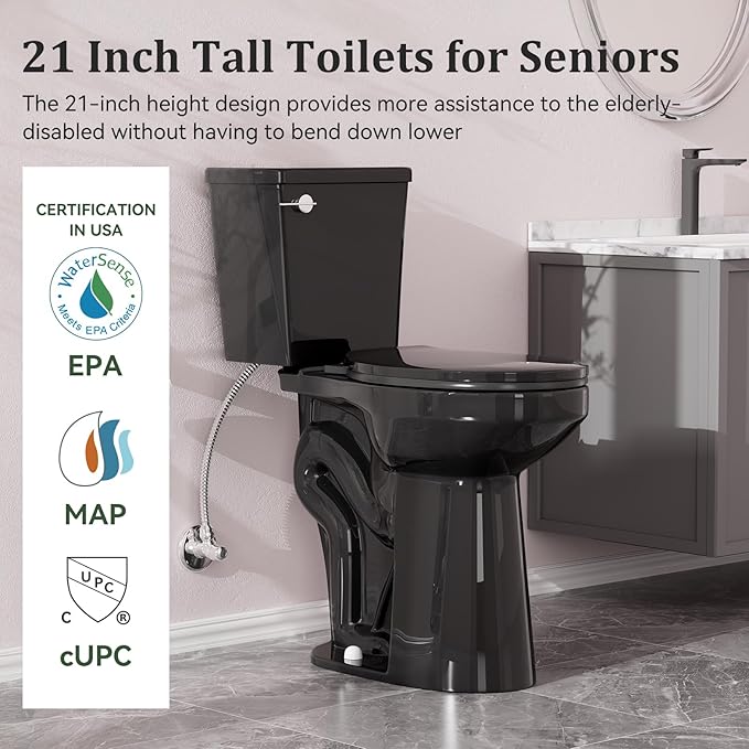 Simple Project Tall Toilet for Seniors 21 inch Extra High Toilets, Comfort Bowl Heigh 21", Seat Height 22", Two-Piece Toilet 1.28GPF Powerful, 12 Inch Rough-in, Black Color, Ada Toilets for Bathroom