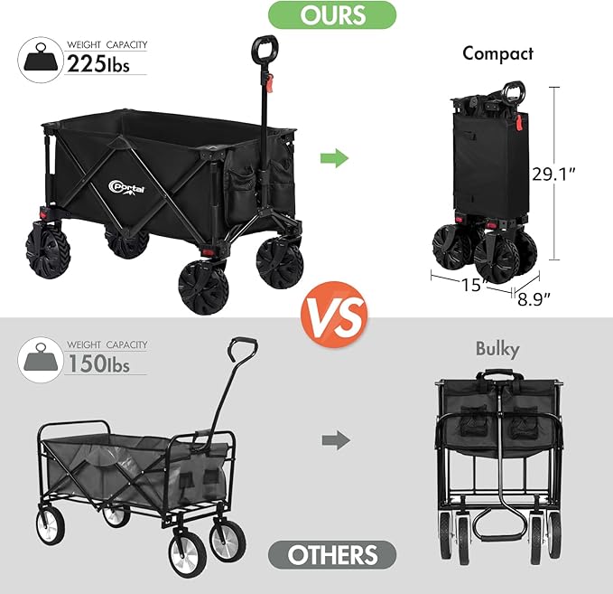 PORTAL Collapsible Folding Utility Wagon, Foldable Wagon Carts Heavy Duty, Large Capacity Beach Wagon with All Terrain Wheels, Outdoor Portable Wagon for Camping, Garden, Shopping, Groceries, Black