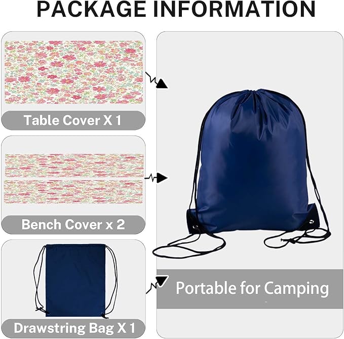 CAPSCEOLL Picnic Table Cover with Bench Covers Waterproof Camping Tablecloth Elastic Table Protector with Drawstring Bag for Camping Essentials, 72X30in, Pink Flowers