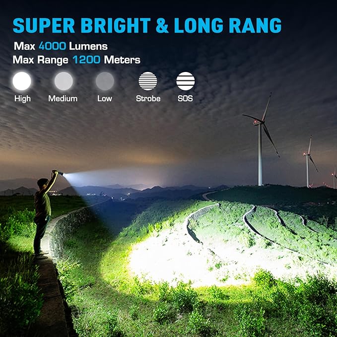 Sinvimes Rechargeable Flashlights High Lumens, 4000LM LED Powerful Super Bright Flash Light, 5 Mode Zoomable Tactical Flashlights High Powered, Waterproof Linternas Emergencies Lights for Home