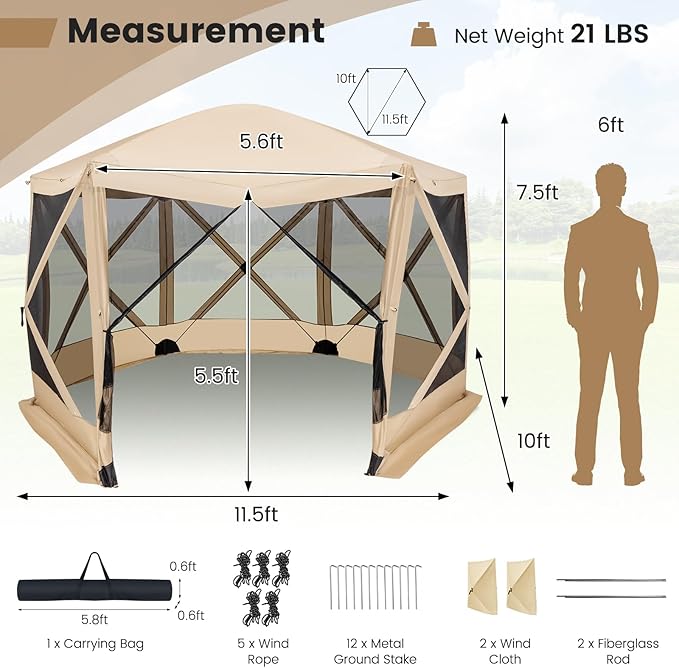 Tangkula 11.5x11.5 Ft Pop Up Gazebo with Netting, Portable Screen Tent with 6 Sided Mesh Walls, 2 Sunshade Cloths, Outdoor Instant Canopy Shelter with Carry Bag for Camping, Lawn, Backyard
