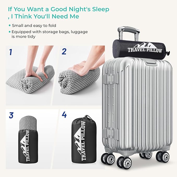 Travel Pillow Memory Foam Pillows, Camping Pillow-Compressible Medium Firm, Breathable Cover, Ideal Backpacking Hiking, Bed Pillows, Airplane and Car (Light Grey, S)