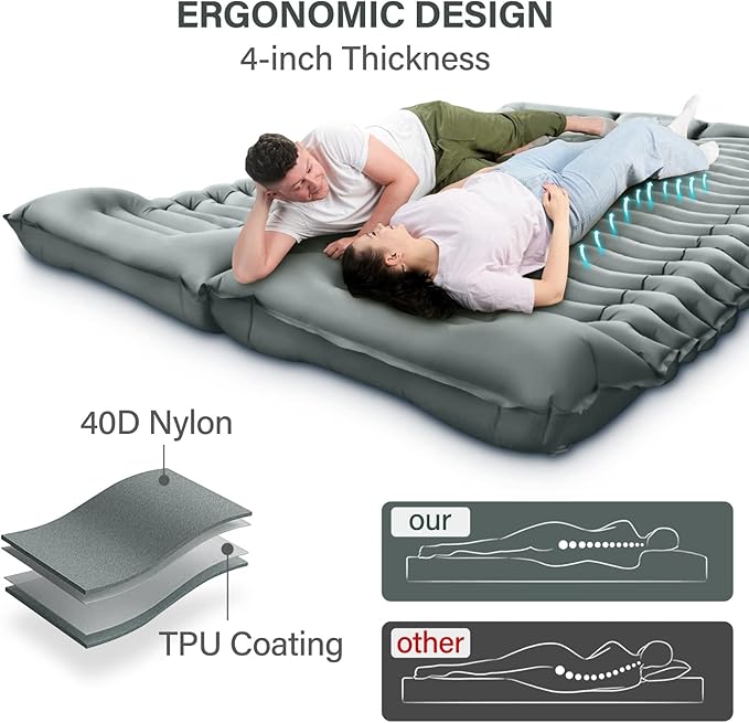 Double Camping Sleeping Pad – 4" Ultra-Thick Foot-Pump Design, Lightweight 2-Person Inflatable Sleeping Mat with Pillow for Backpacking, Hiking, Travel, Tent – Gray