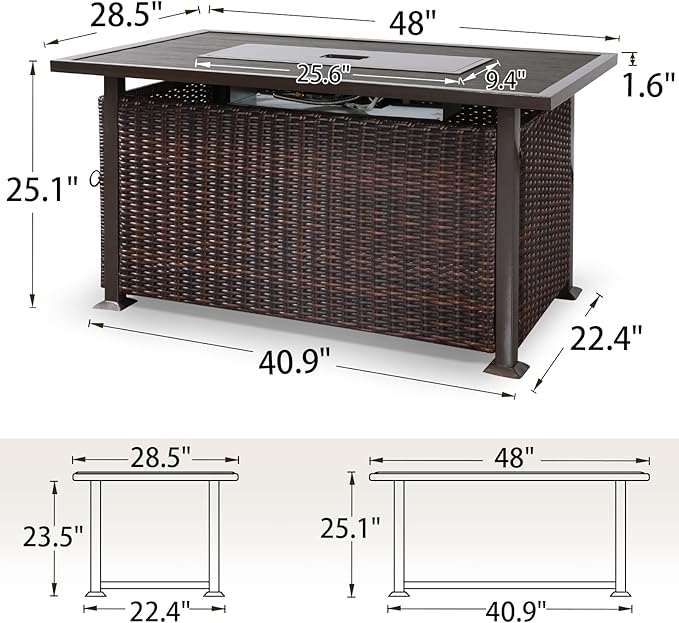 NOBLEMOOD 48 INCH Propane Fire Pit Outdoor Fire Table with Glass Beads, 50,000 BTU Gas Fire Pit Table w/Aluminum Table Top, Waterproof Cover for Outdoor, Patio, Garden, CSA Certification