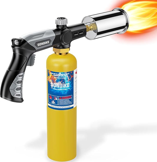 Sondiko Propane Torch with Pre-Filled Cylinder, Powerful Propane Torch Head L8010, Sous Vide, Adjustable Campfire Starter with Standard Propane Fuel Cylinder for Searing Steak, BBQ, Welding