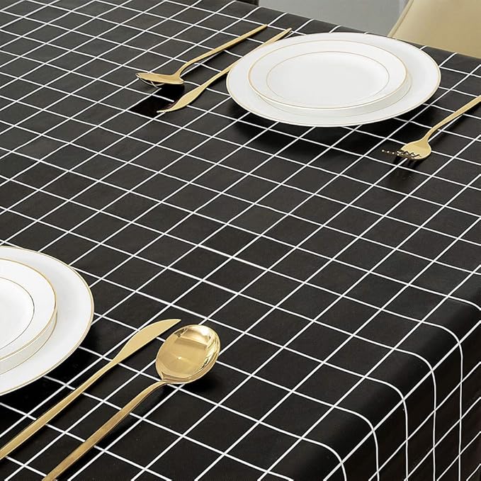 Romanstile Rectangle Plastic Tablecloth, 100% Waterproof Oil-Proof Checkered PVC Table Cloths, Heavy Duty Vinyl Table Covers for Dining, Camping, Picnic, Outdoor - 52 x 70 Inch, Black