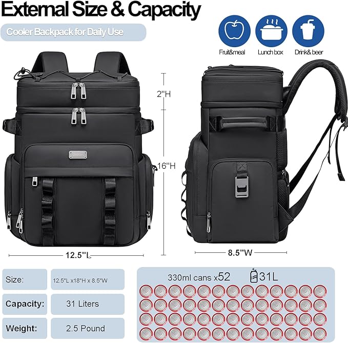 Weitars Insulated Cooler Backpack,Double Deck Waterproof Soft Cooler Bag,Backpack Coolers Leak Proof Lunch Backpack for Men Women for Travel,Camping,Picnic,Beach,Picnic,Outdoor 31L/52 Can