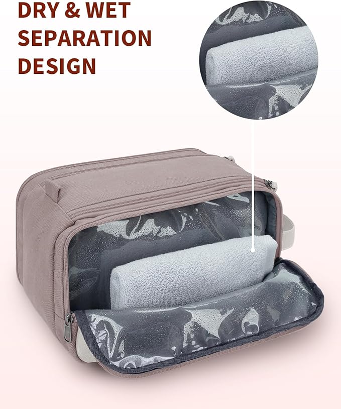 WANDF Toiletry Bag for Men Travel Toiletry Organizer Canvas and Leather Dopp Kit Water-Resistant Shaving Bag for Travel Accessories (Light Pink, Large)